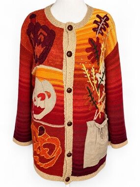 Vintage 1996 Heirloom Collectibles Halloween Pumpkin Cardigan Sweater Fall